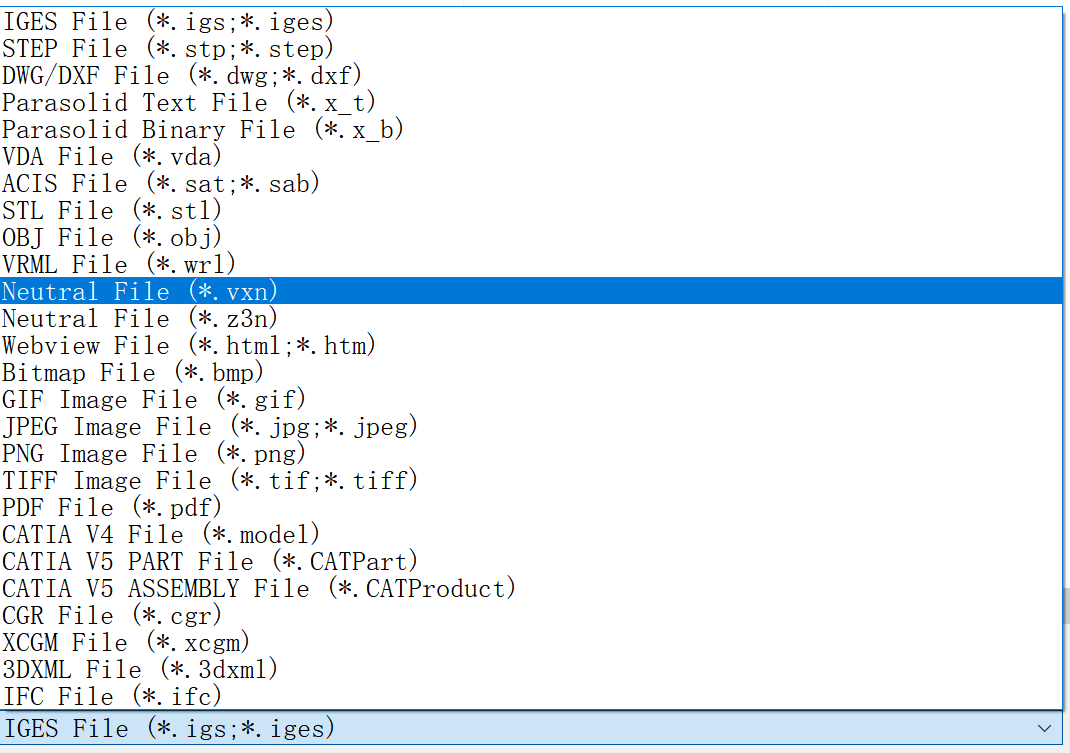 中望3D支持三维数据导入/导出：IGES，STEP，DWG/DXF， PARASOLID，VDA，STL 等